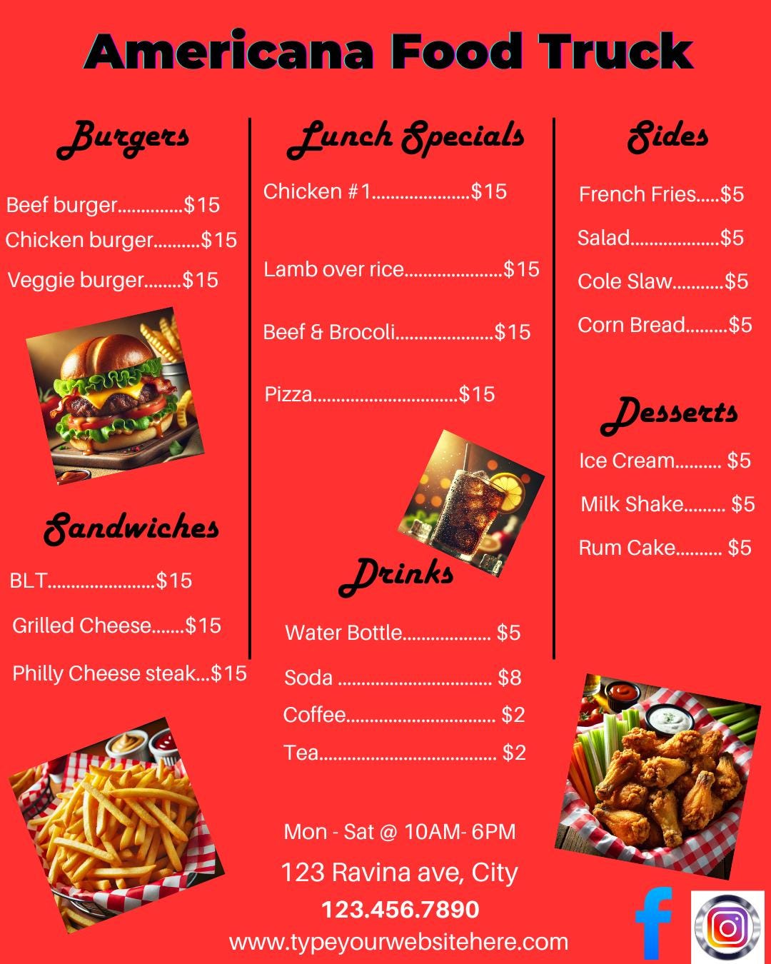 Plantilla de menú de comida americana personalizable | Compatible con Canva. Incluye vista previa de video. Crea menús dignos de Instagram con esta plantilla.