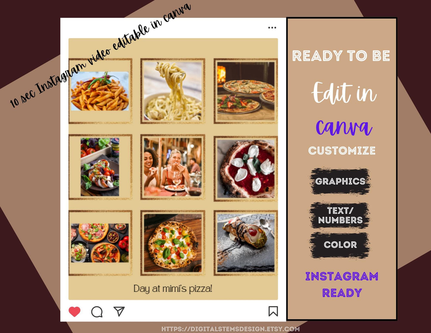 Plantilla personalizable para blog gastronómico de Instagram. Plantilla de vídeo editable para blog gastronómico de Instagram. Editable en Canva. #restaurantreview #instagram