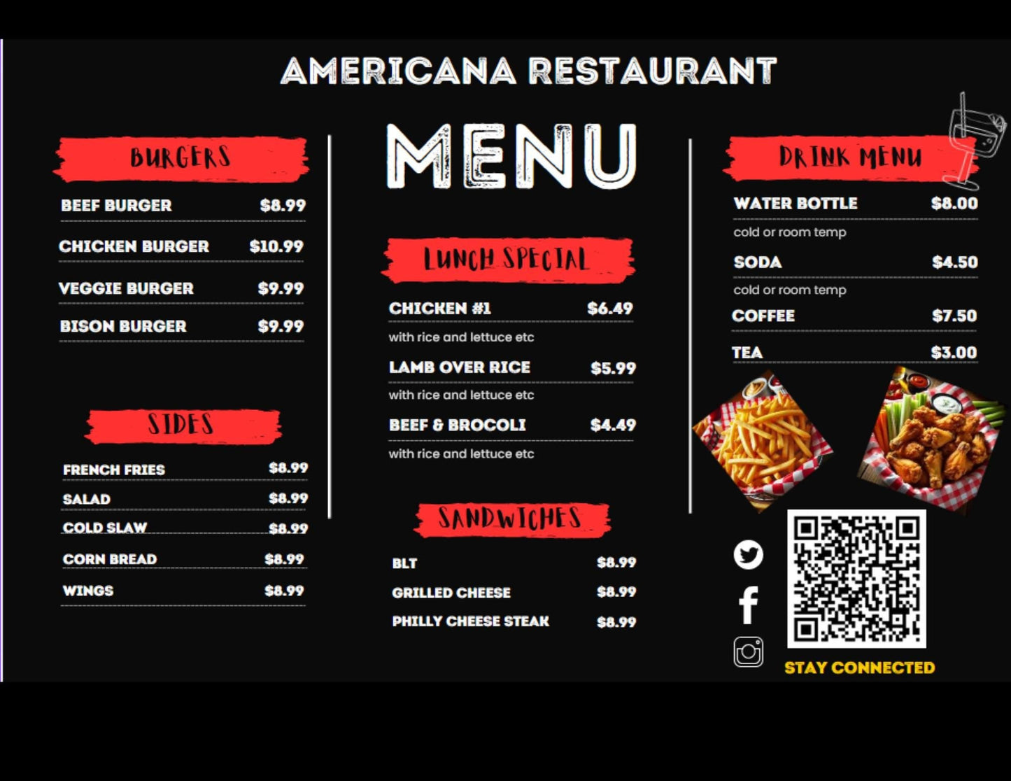 Menú imprimible de restaurante, menú imprimible de 11 x 17, plantilla de menú editable, menú de Canva, inspirado en la cocina americana.