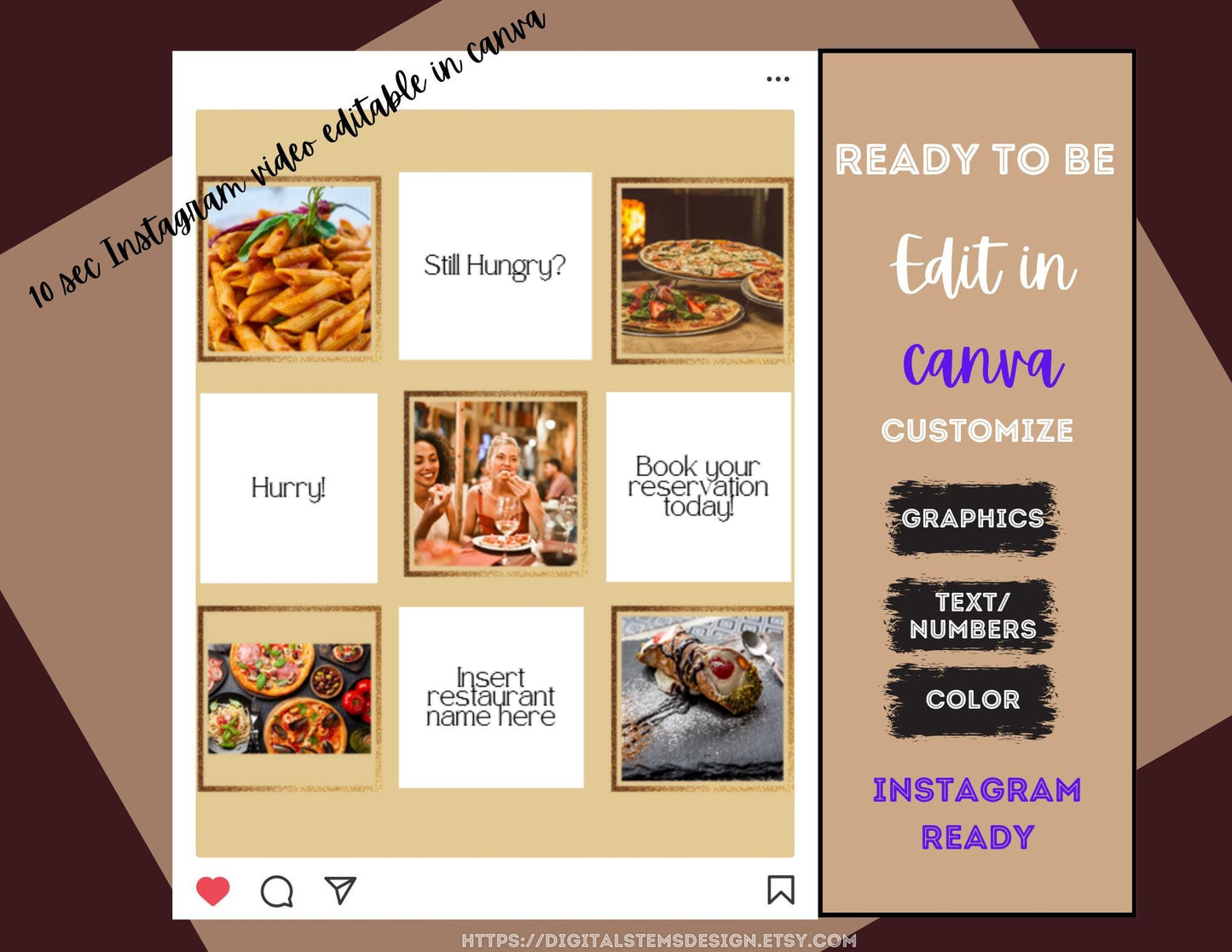 Plantilla personalizable para blog gastronómico de Instagram. Plantilla de vídeo editable para blog gastronómico de Instagram. Editable en Canva. #restaurantreview #instagram