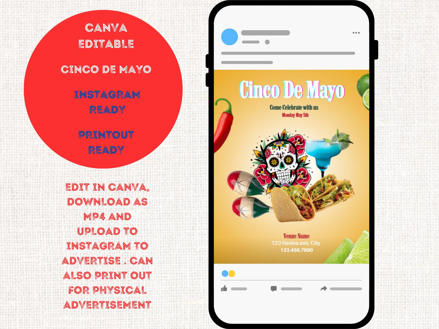 Plantilla de volante del Cinco de Mayo, plantilla digital Canva de Instagram editable, folleto del restaurante del Cinco de Mayo, plantilla de comida para comida mexicana