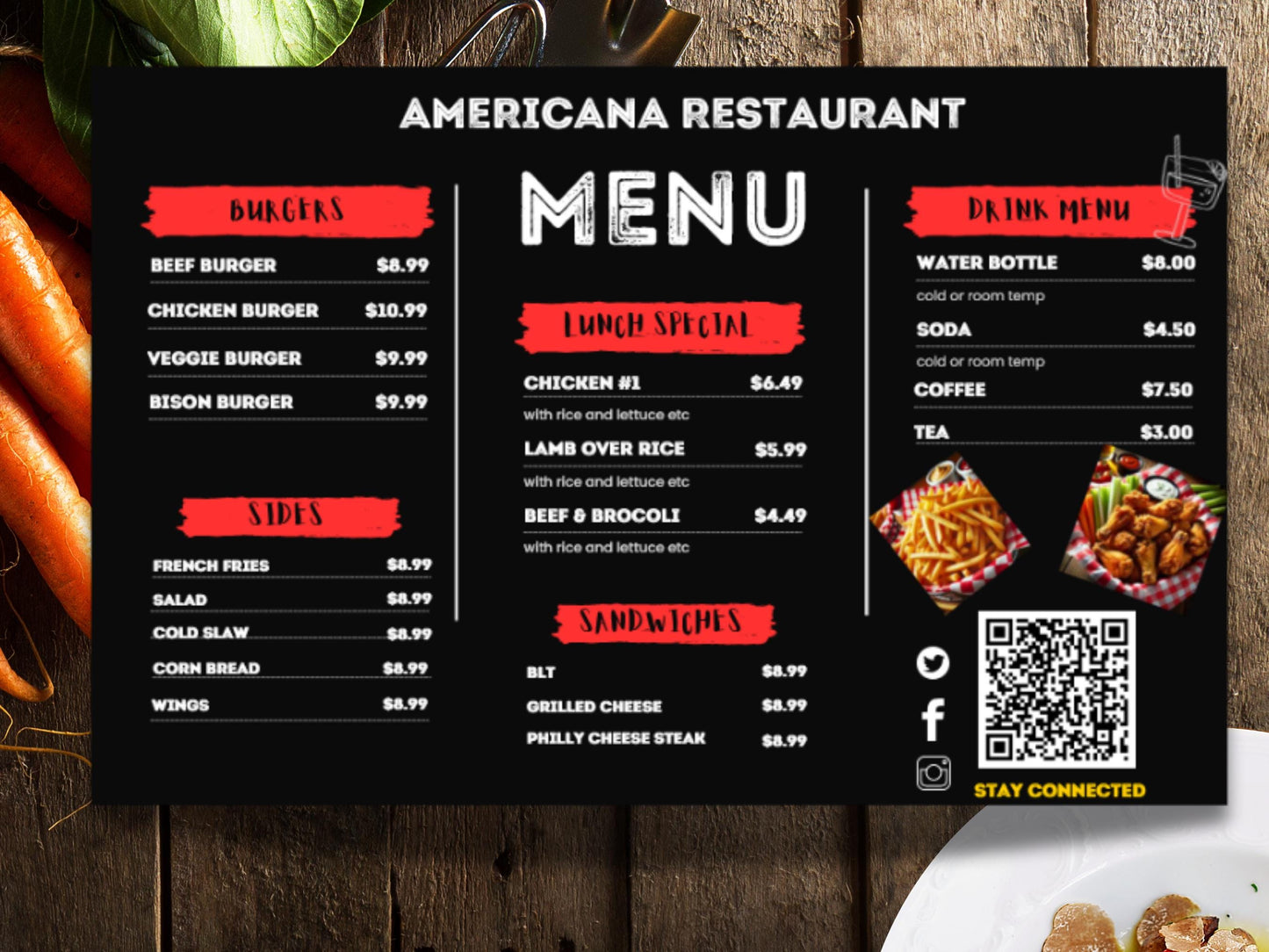 Menú imprimible de restaurante, menú imprimible de 11 x 17, plantilla de menú editable, menú de Canva, inspirado en la cocina americana.