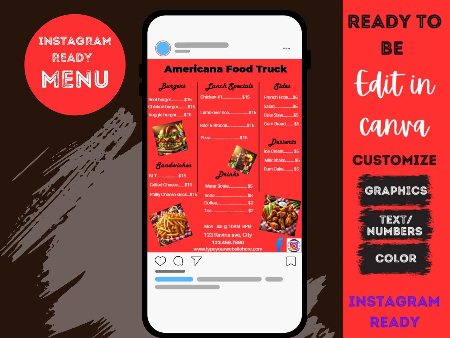 Plantilla de menú de comida americana personalizable | Compatible con Canva. Incluye vista previa de video. Crea menús dignos de Instagram con esta plantilla.
