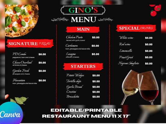 Digital Menu Canva Template l Customized 11x17 Printable Menu l Personalized Menu For Food Business l Food Menu l Italian Restaurant Menu