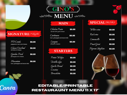 Digital Menu Canva Template l Customized 11x17 Printable Menu l Personalized Menu For Food Business l Food Menu l Italian Restaurant Menu