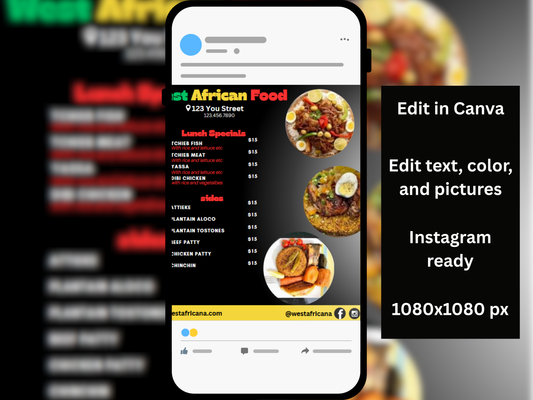 Editable West African Food Menu Flyer Template for Instagram | African Food Business Flyer | Canva Digital Download