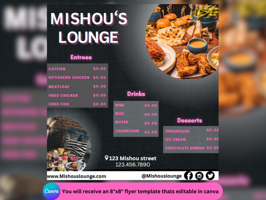 Dinner Lounge Flyer, Canva Dinner Template, Editable Canva Template, Food flyer, Editable 8"x8" Dinner Flyer