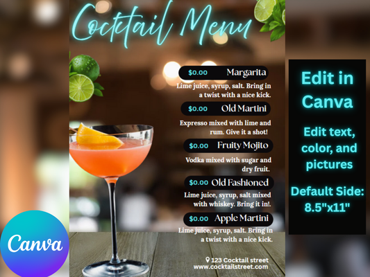 Cocktail Menu Canva Template l Customized Cocktail Menu l Personalized Cocktail Menu For Your Business