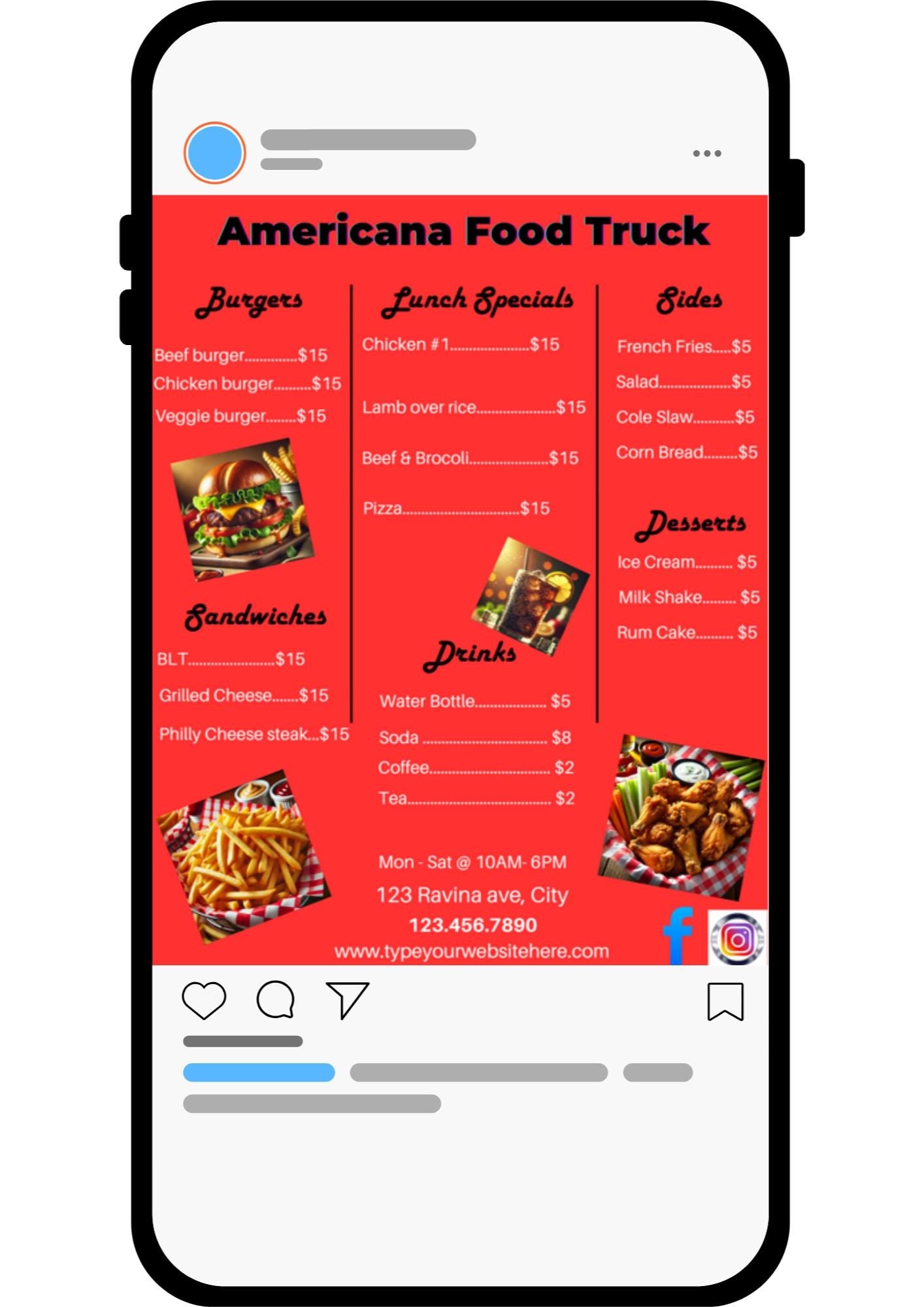 Plantilla de menú de comida americana personalizable | Compatible con Canva. Incluye vista previa de video. Crea menús dignos de Instagram con esta plantilla.