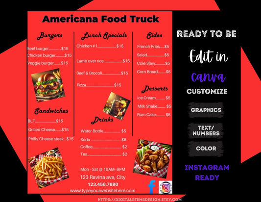 Plantilla de menú de comida americana personalizable | Compatible con Canva. Incluye vista previa de video. Crea menús dignos de Instagram con esta plantilla.