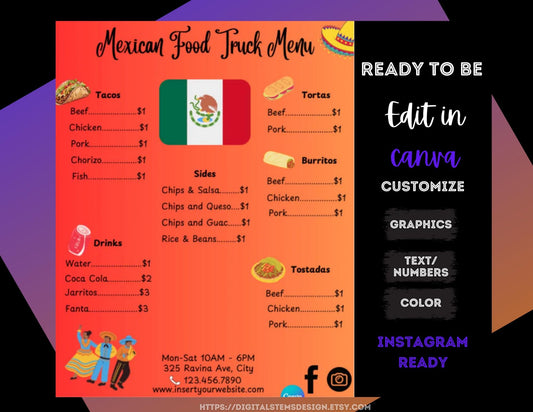Crea menús dignos de Instagram con esta plantilla de video de 5 segundos. Plantilla de menú de comida mexicana personalizable | Compatible con Canva