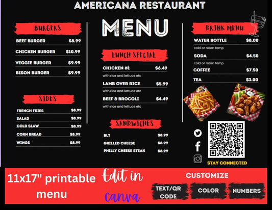 Menú imprimible de restaurante, menú imprimible de 11 x 17, plantilla de menú editable, menú de Canva, inspirado en la cocina americana.