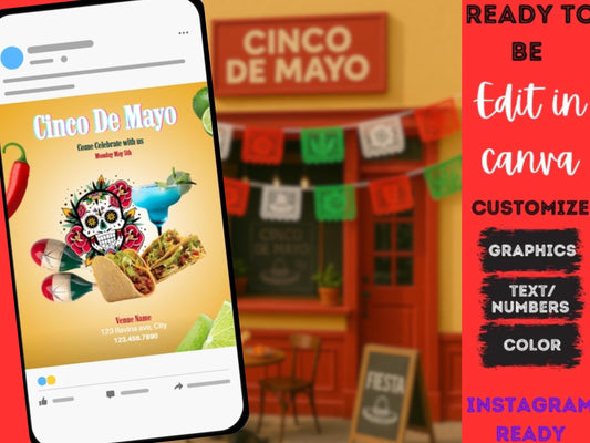 Plantilla de volante del Cinco de Mayo, plantilla digital Canva de Instagram editable, folleto del restaurante del Cinco de Mayo, plantilla de comida para comida mexicana