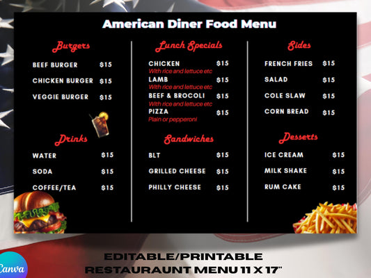 Menú imprimible del restaurante Americana, menú imprimible personalizable de 11 x 17, plantilla editable, menú de Canva, inspirado en el restaurante.