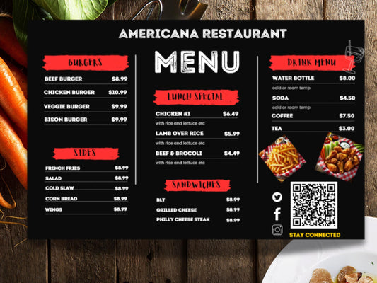 Menú imprimible de restaurante, menú imprimible de 11 x 17, plantilla de menú editable, menú de Canva, inspirado en la cocina americana.