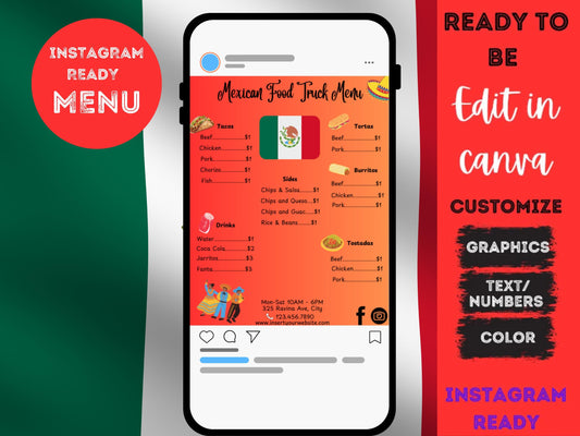 Crea menús dignos de Instagram con esta plantilla de video de 5 segundos. Plantilla de menú de comida mexicana personalizable | Compatible con Canva