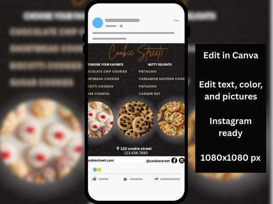 Plantilla editable de volante de menú de galletas para Instagram | Volante para negocios de galletas | Descarga digital de Canva